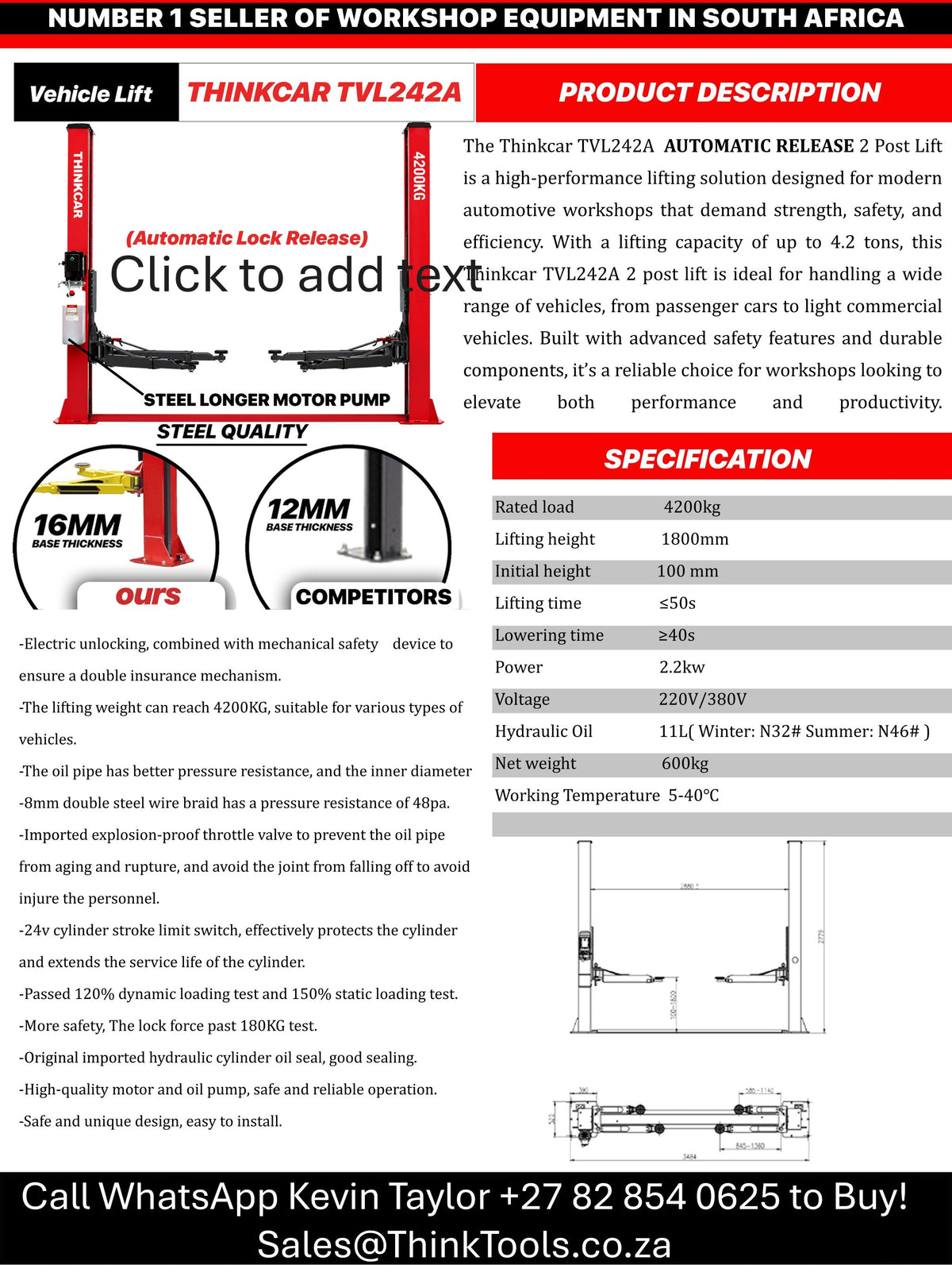 THINKCAR TVL242A (Automatic Lock Release) U SHAPE SMALL BASE  2 Post Lift