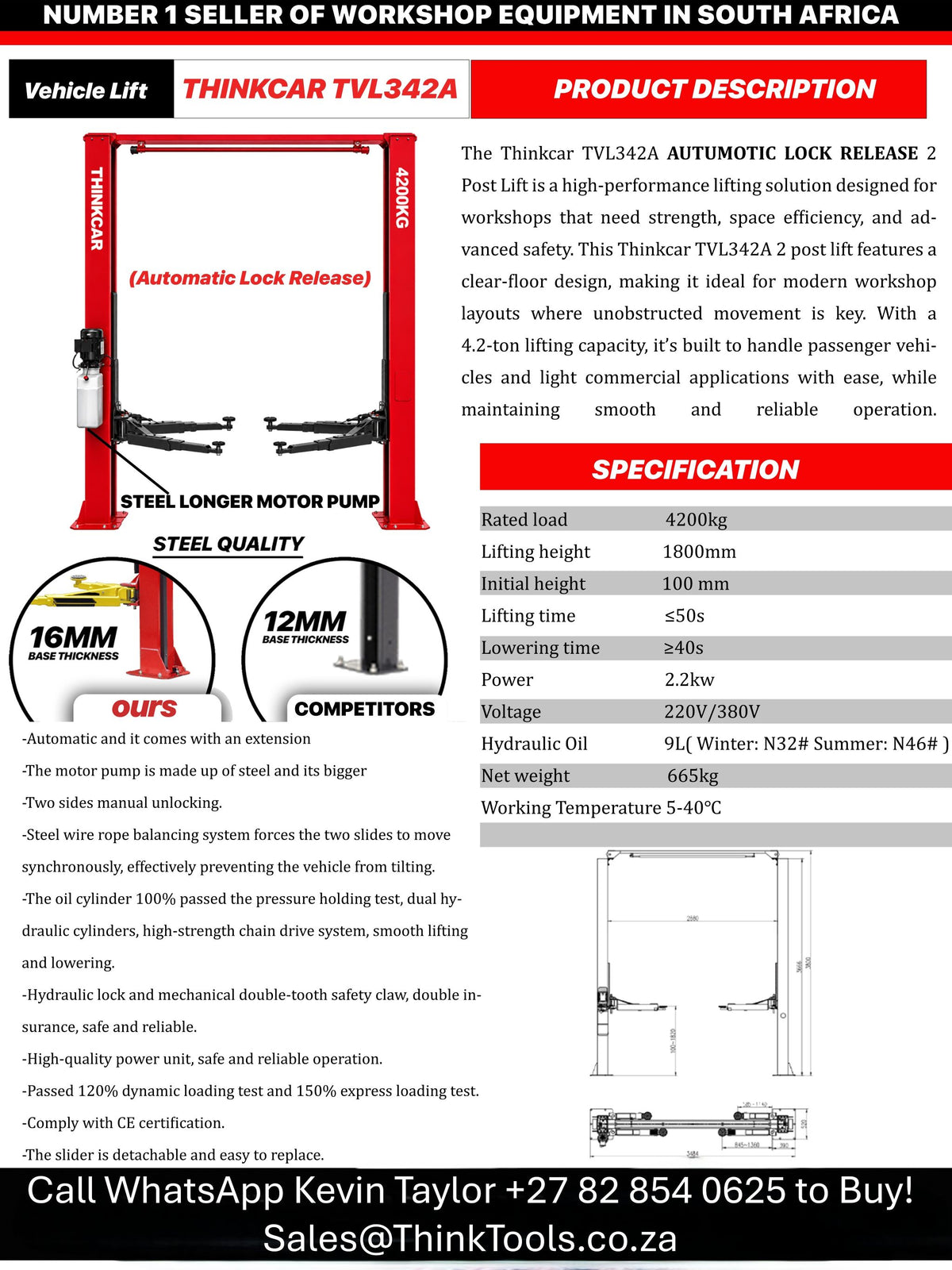 THINKCAR TVL342A (Automatic Lock Release) 2 Post BASE FREE Lift N SHAPE BASE FREE