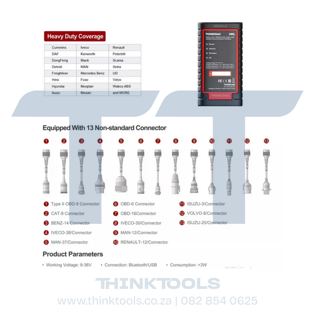 ThinkCar Truck HD HML Module Package (1 Year) Software Upgrade includes Truck Bus Tractor Machinery Vans Bakkies Diesel Engines Plug Connector Set