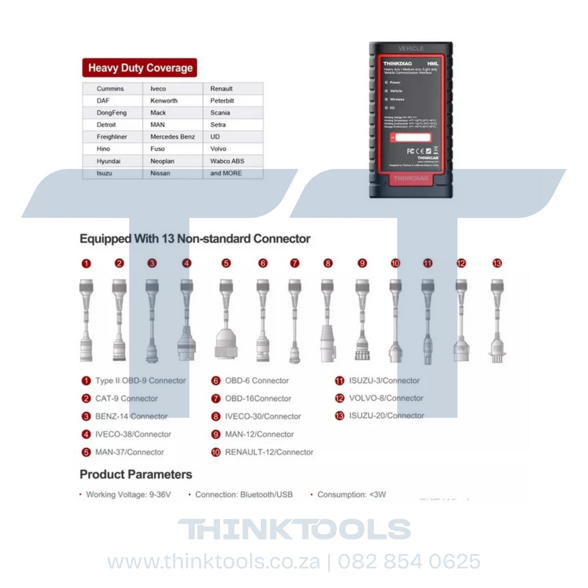 ThinkCar Truck HD HML Module Package (1 Year) Software Upgrade includes Truck Bus Tractor Machinery Vans Bakkies Diesel Engines Plug Connector Set